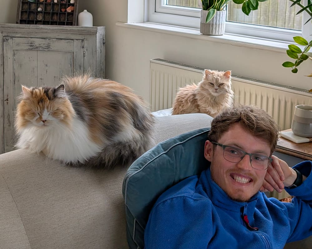 Aaron on a daytime pet visit with two fluffy cats